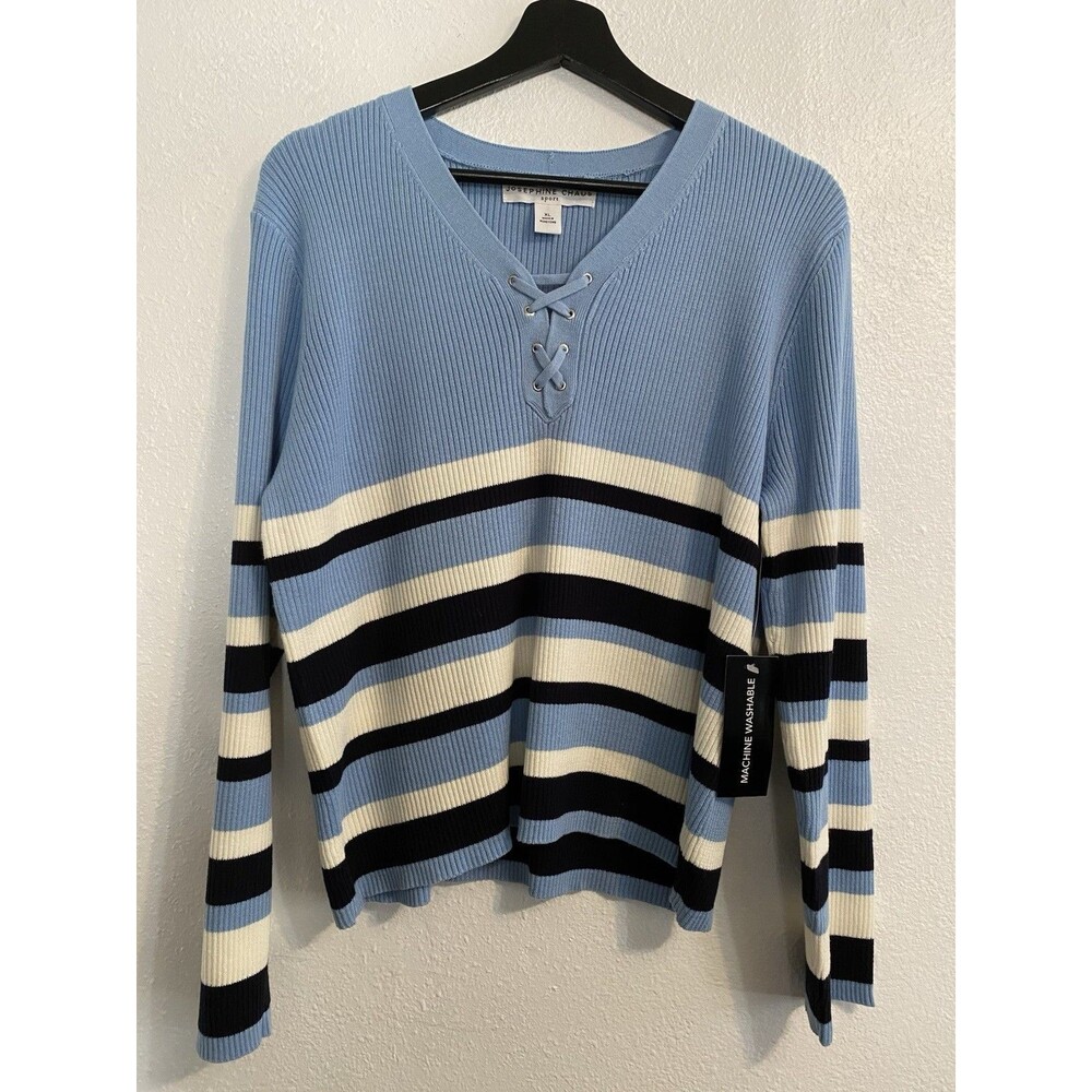 New Josephine Chaus Nautical XL Sweater, V Neck, Tie Front, Long Sleeve C10